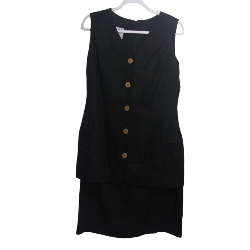 Sake Black Linen Sleeveless Dress Pleated Button Front Career Size 10